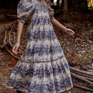 HUNTER BELL Blue and White Ruffled Maxi Dress
